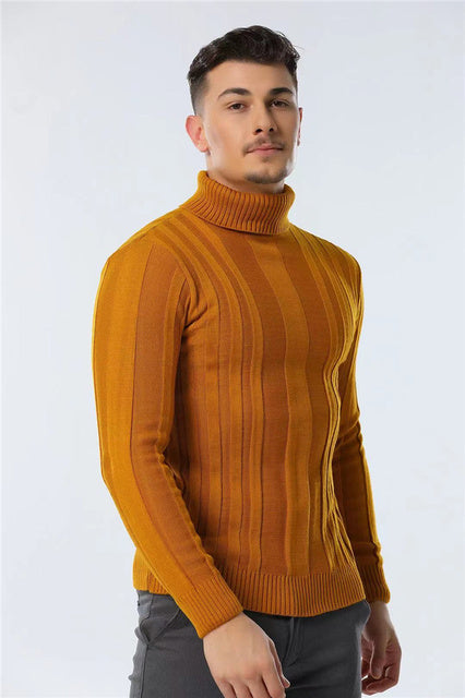 Maglione casual da uomo a collo alto, tinta unita, caldo, a righe