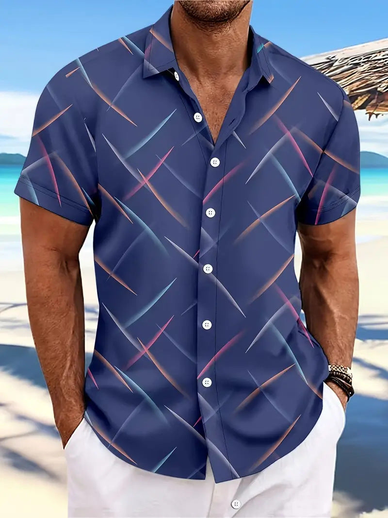 Summer Men's Striped Feather Casual Beach Short Sleeve Button Shirt