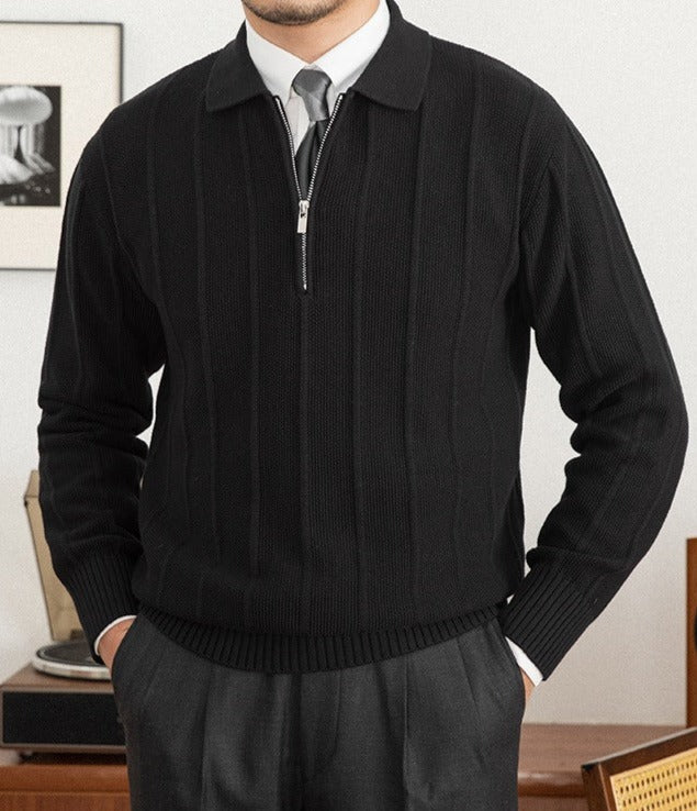 Pleated Elegance Polo Half Zip Knitted Sweater