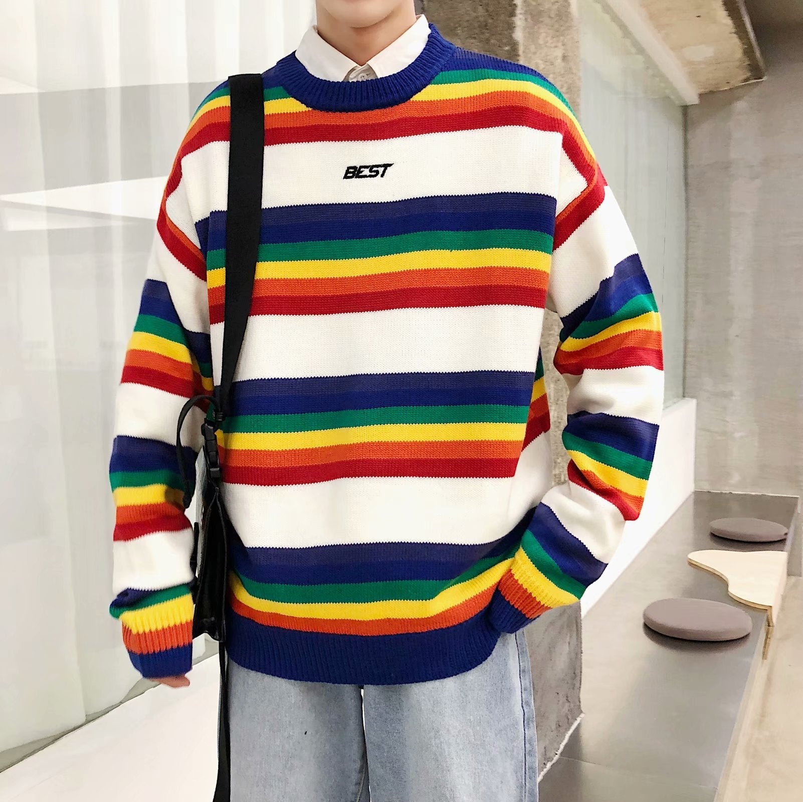 Loose rainbow striped sweater