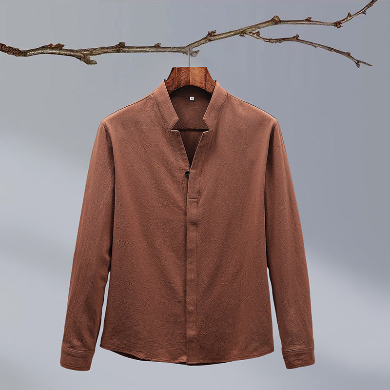 Cotton And Linen Crepe Solid Color Men's Long-sleeved Shirt