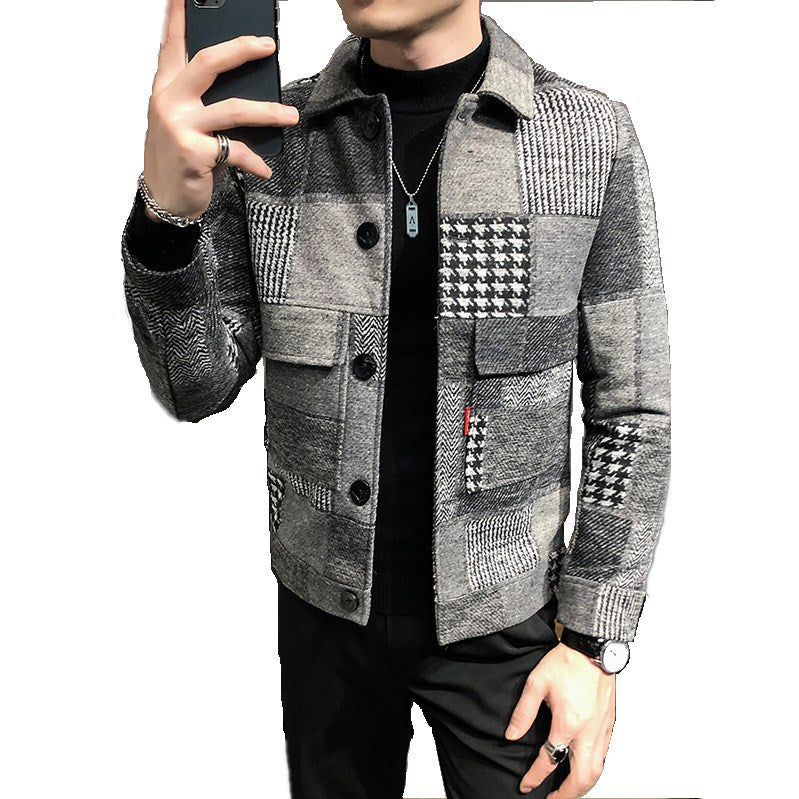 plaid stitching contrast woolen jacket