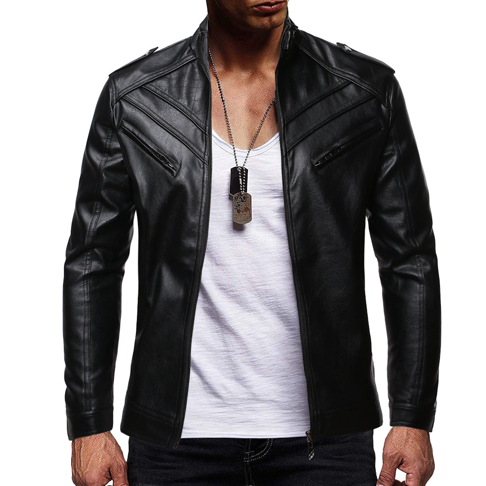 PU Leather Zipper Design Stand-up Collar jacket