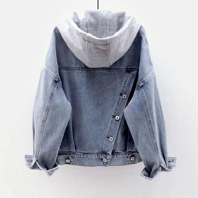 Women's Loose Long Sleeve Hooded Denim Jacket