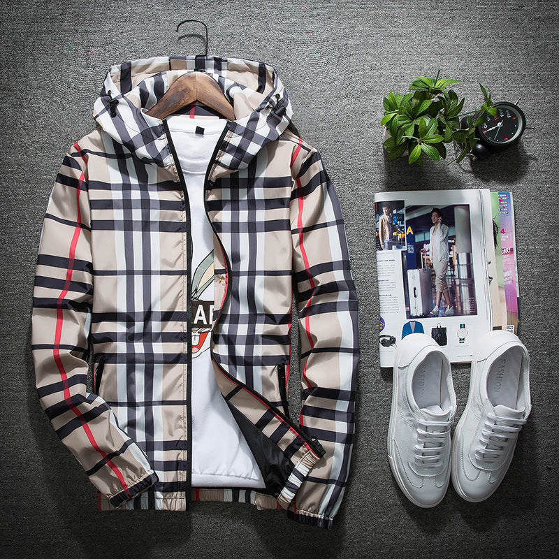 Plaid hooded slim jacket men