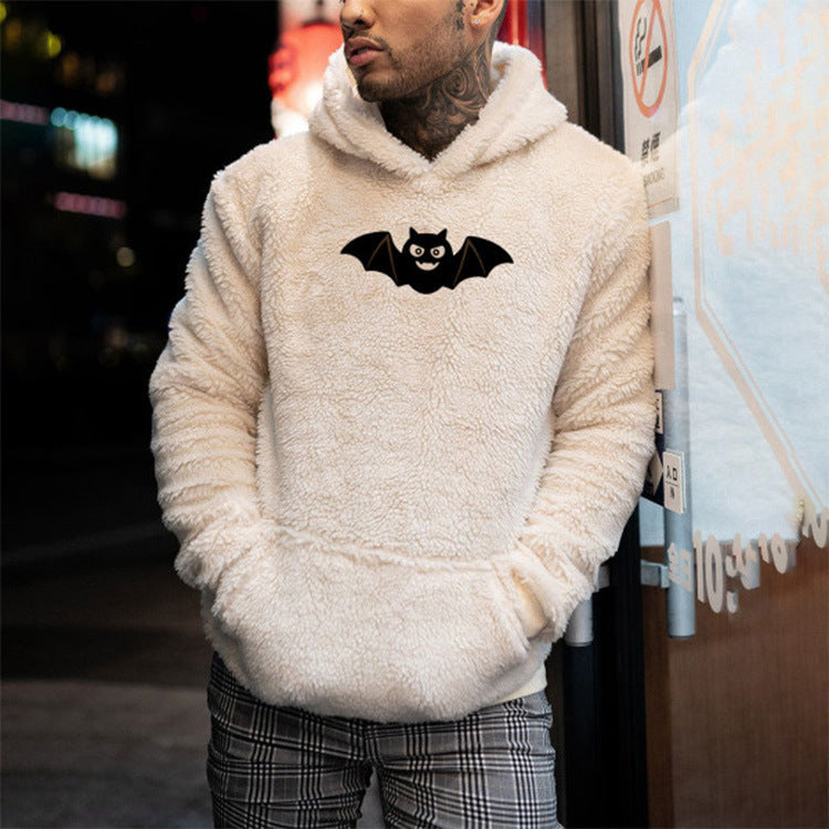 Bat Print Plush Hooded Sweater