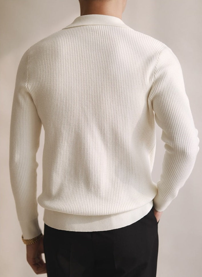 Textured Buttonless Knit Long Sleeve Polo Shirt