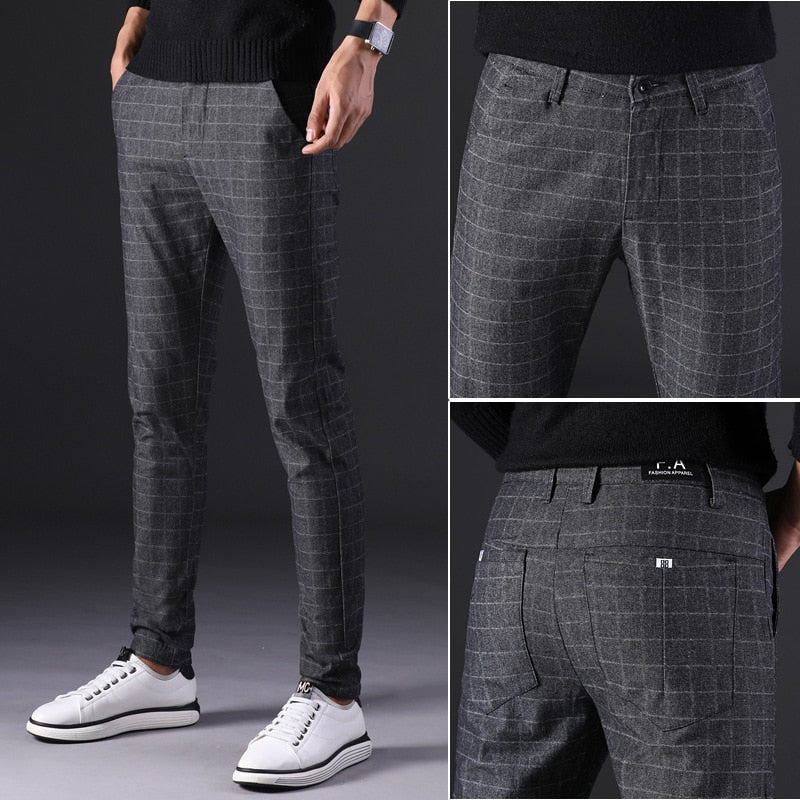 Slim straight plaid trousers men