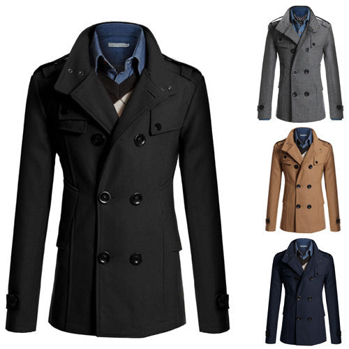 Men's slim-fit woolen trench coat