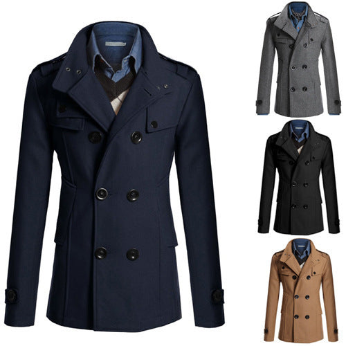 Men's slim-fit woolen trench coat