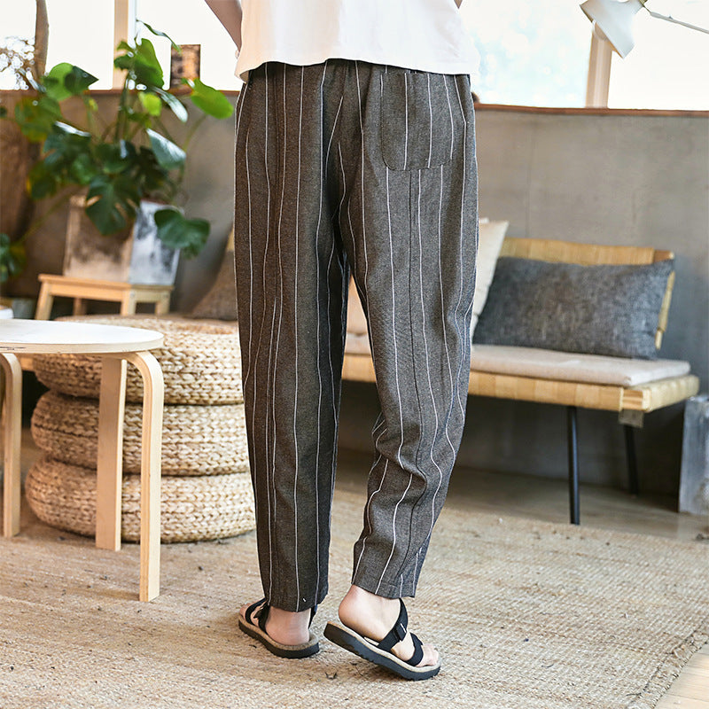 Linen casual loose pants vertical stripes straight trousers male