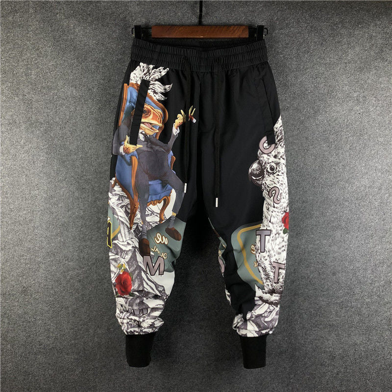 Men's Slim Harem Pants Trendy Printed Drawstring