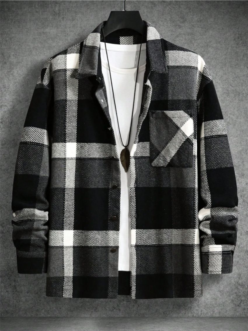 Woolen Lapel plaid Long Sleeve Shirt