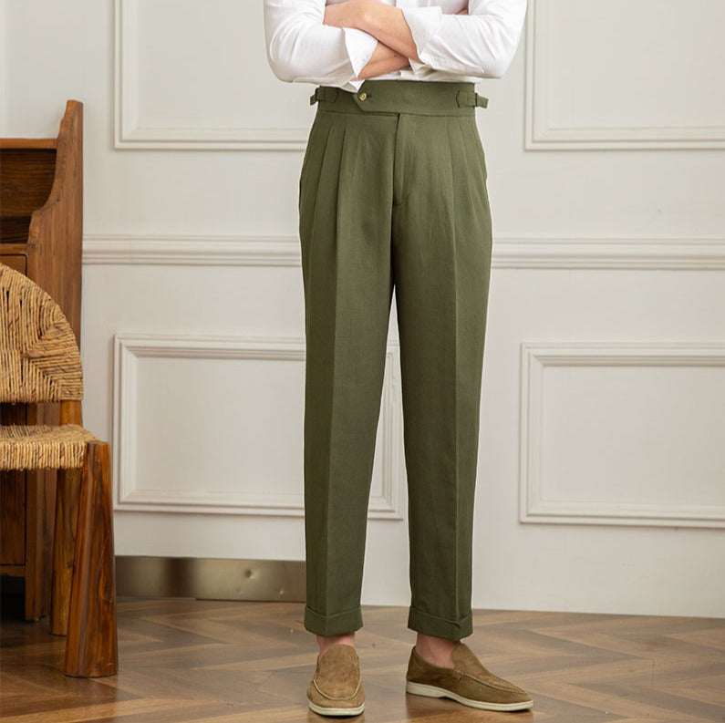 Casino Royale Linen Blend Double Pleated Straight Fit Trousers