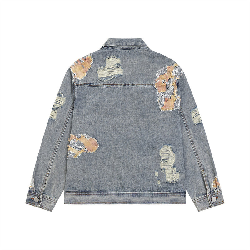 Lace Stitching Ripped Denim Coat