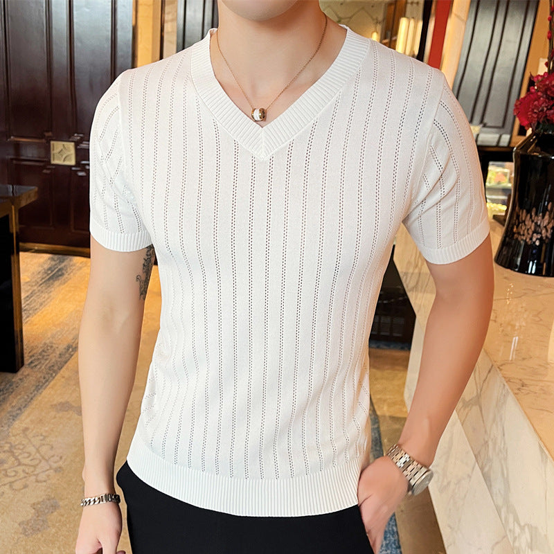 Hollow-out Half-sleeved Ice Silk Crew Neck T-shirt