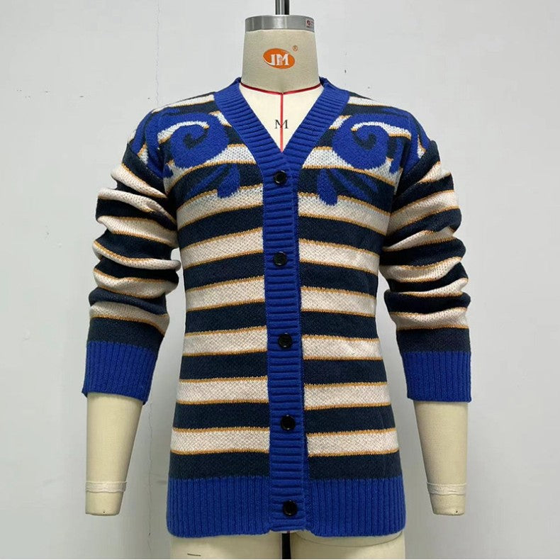 Men's Autumn And Winter Striped Knitted Jacket