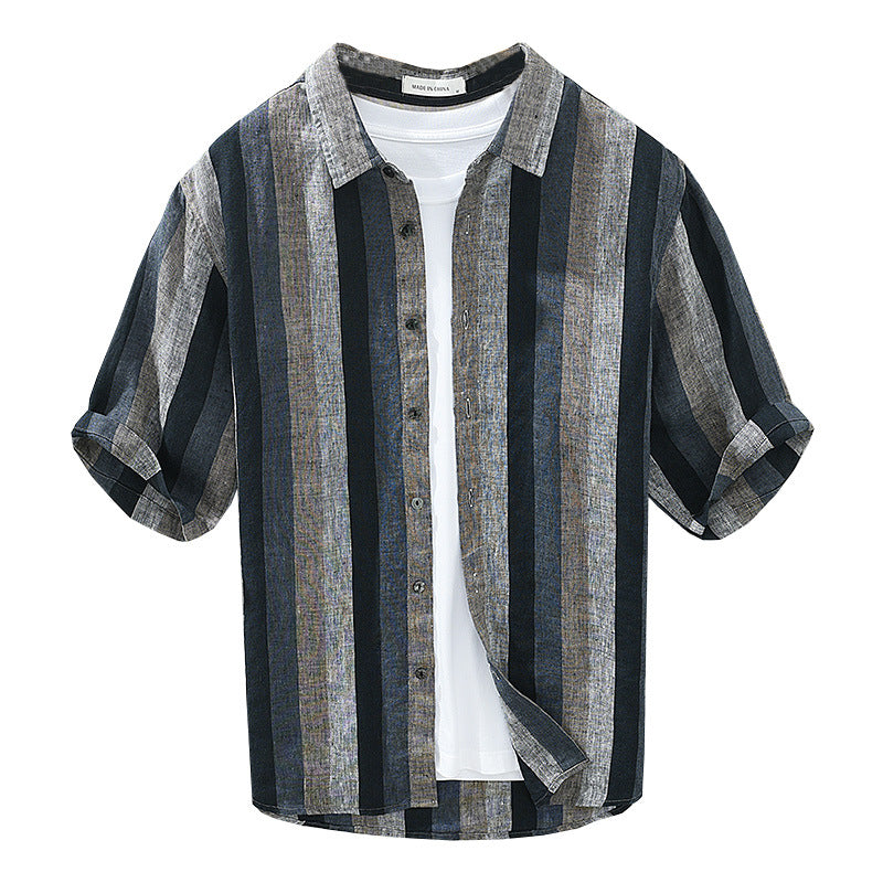 Summer Vintage Yarn-dyed Linen Five-point Sleeve Men's Contrasting Shirt