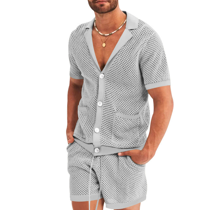 Men's Casual Mesh Knit Casual Lapel Two-Piece Suit