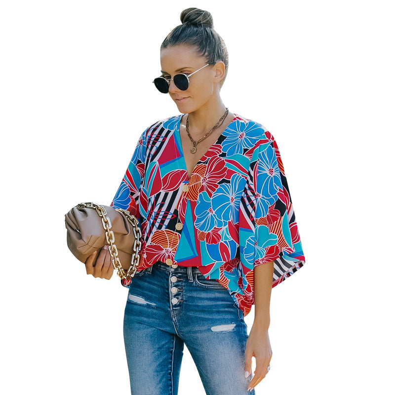 European And American Women's Five-quarter Sleeve Loose Floral Shirt