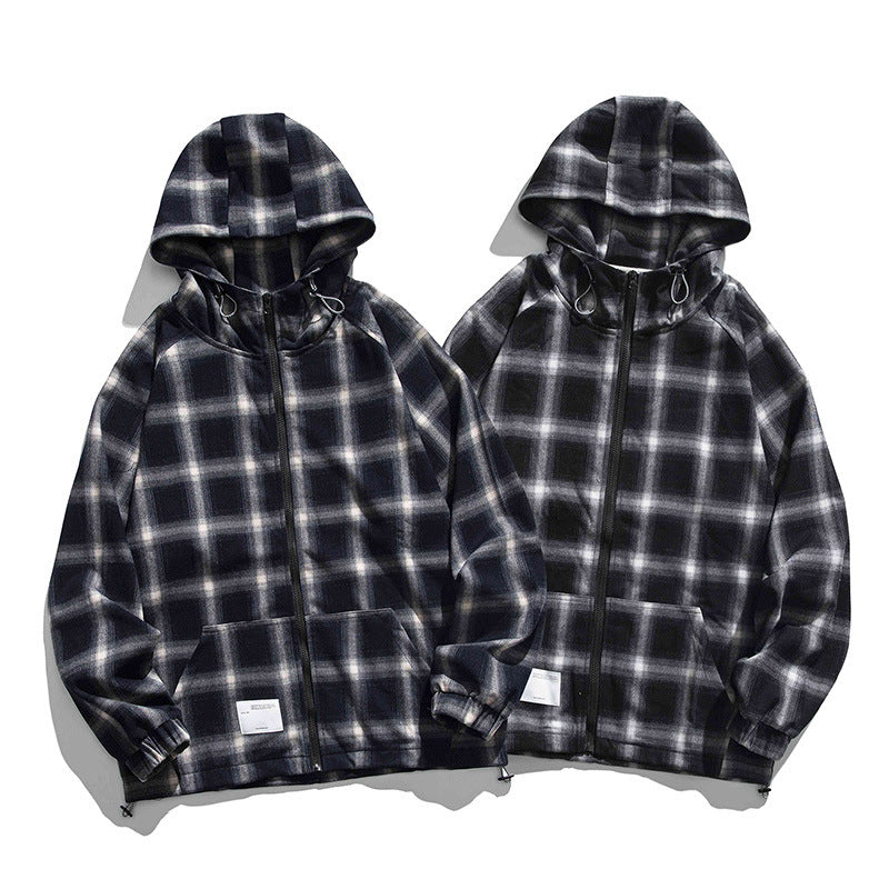 Plaid Hooded Zipper Sweater