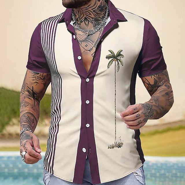 Hawaiian Palm Print Lapel Pocket Shirt