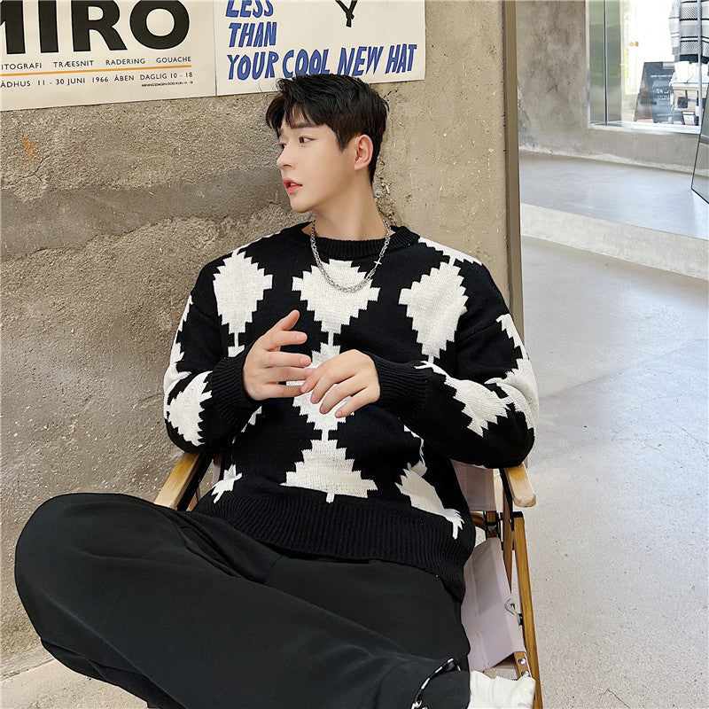 Ins Black And White Contrast Rhomboid Round Neck Knit sweater