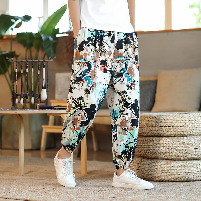 Men's Thin Breathable Cotton And Linen Casual Cropped Harem Pants