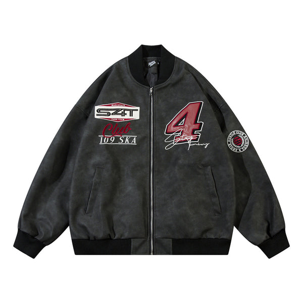 Letter Affixed Embroidered Loose Pu Leather Baseball Uniform jacket