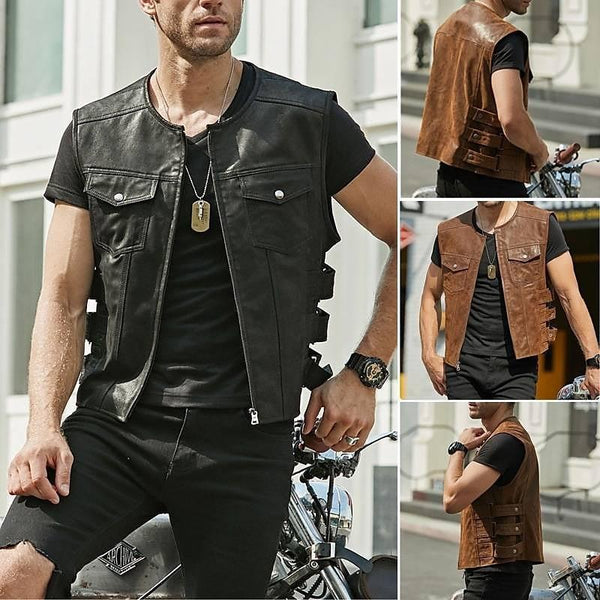 Men's Single-breasted leather Waistcoat