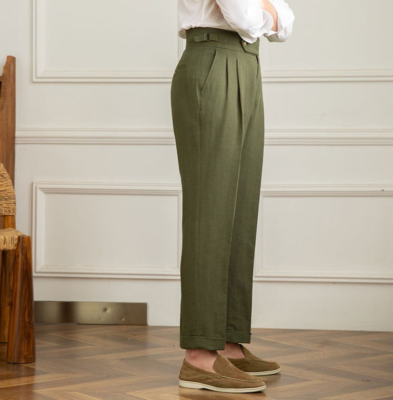 Casino Royale Linen Blend Double Pleated Straight Fit Trousers