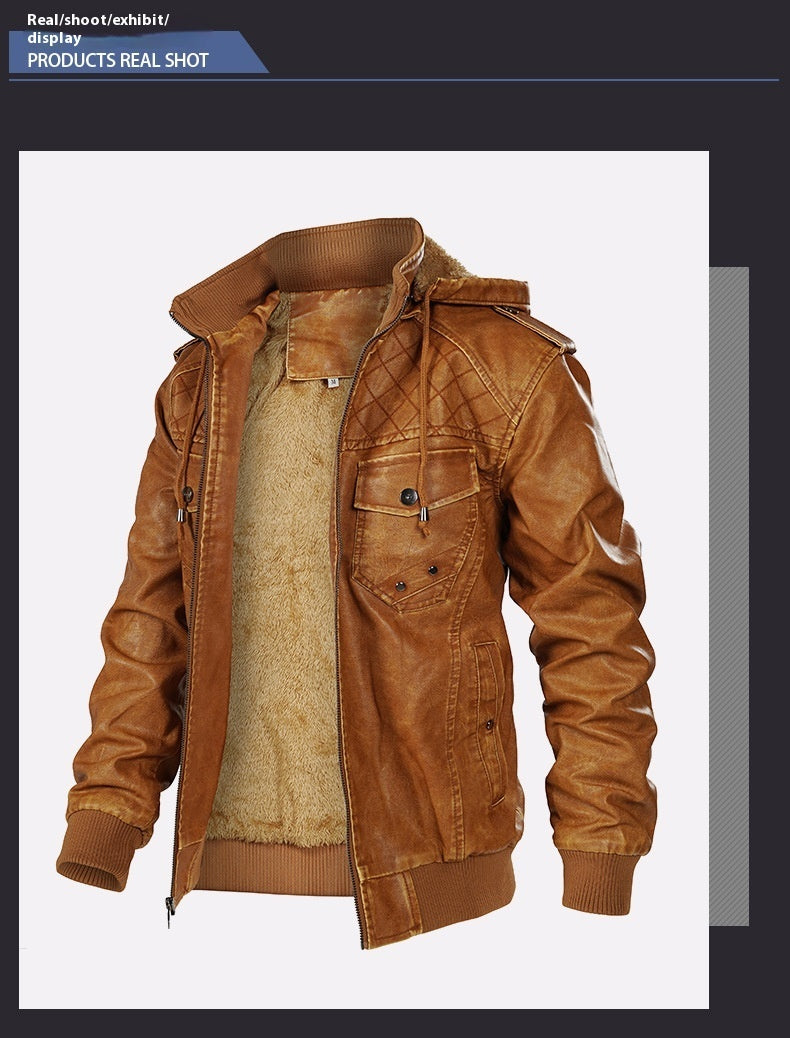 Fleece-lined Men's Autumn And Winter Hooded Leather Jacket