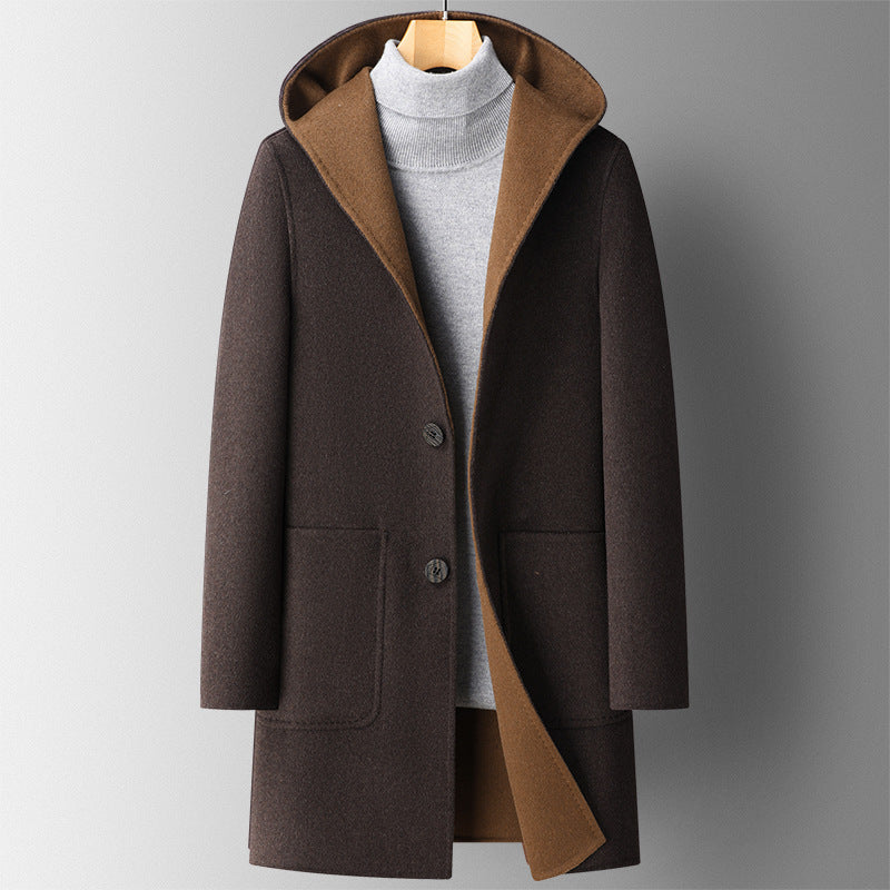 Fall Winter Hooded Double-sided Wool Men's Mid-length overcoat