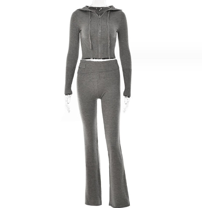 Women Leisure Sexy Zip Long Sleeve Sweater And High Waist Long Pants Set