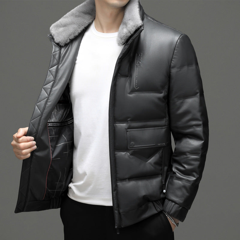 Men's Leather Down Short Fleece Padded Coat