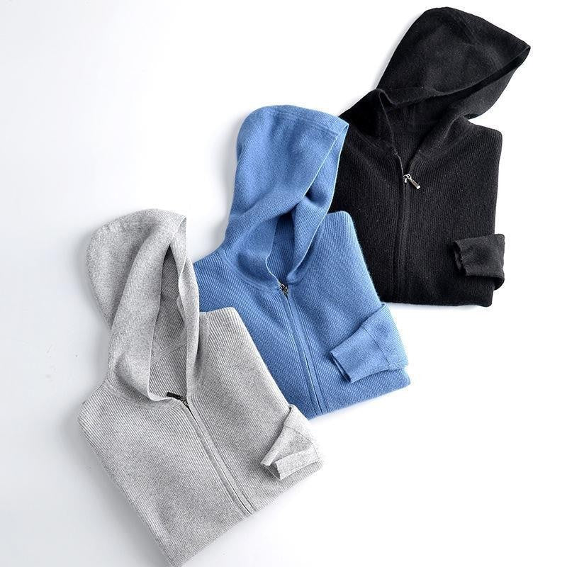 Men's Zipper Solid Color Hooded Cardigan Sweater