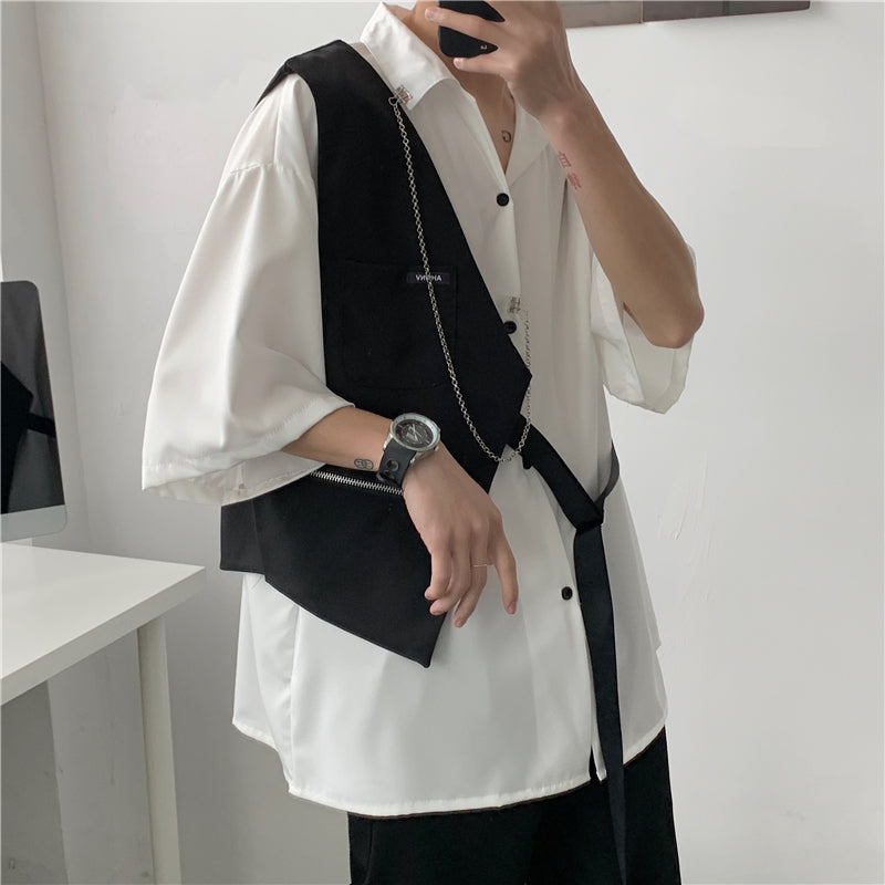 White Design Shirt Men's Vest Stitching Personality Contrast Color shirt