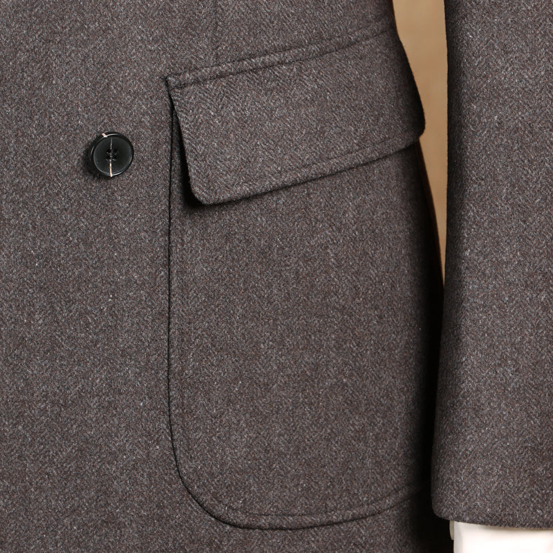 Herringbone Woolen Mid Length Double Breasted trench Coat