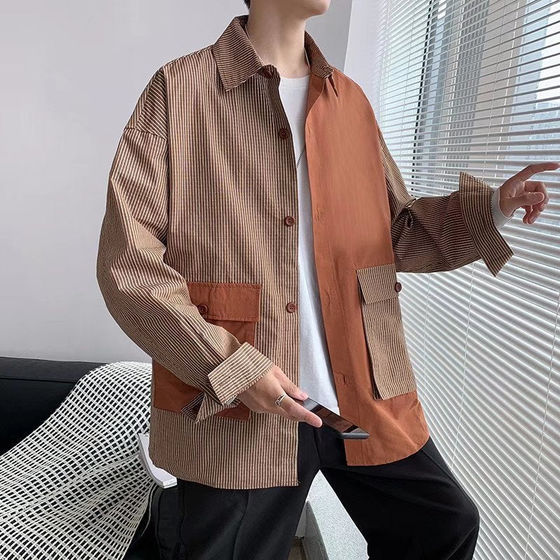 Patchwork Contrast Loose Long Sleeve Men's Shirt