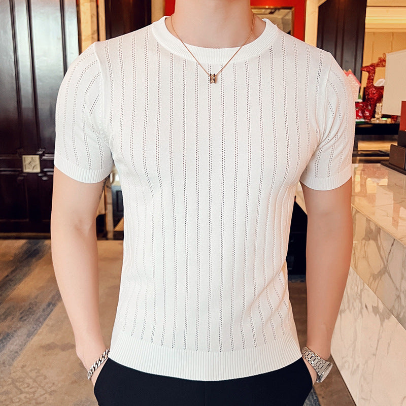 Hollow-out Half-sleeved Ice Silk Crew Neck T-shirt