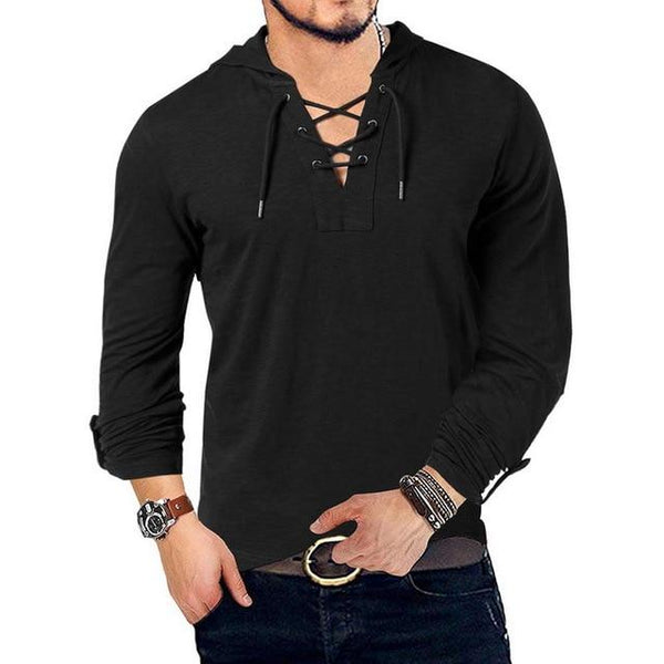 Men's Hooded Tee Long Sleeve Cotton Henley