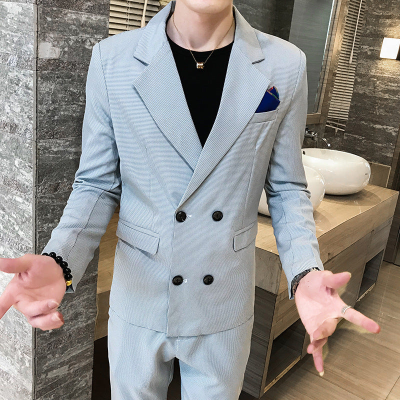 Korean-style Slim-fit Solid Color Double-breasted Two-piece Suit