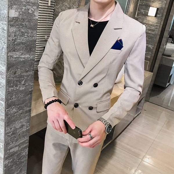 Korean-style Slim-fit Solid Color Double-breasted Two-piece Suit