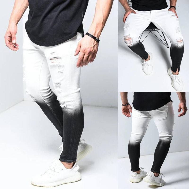 Gradient ripped jeans men's tide brand