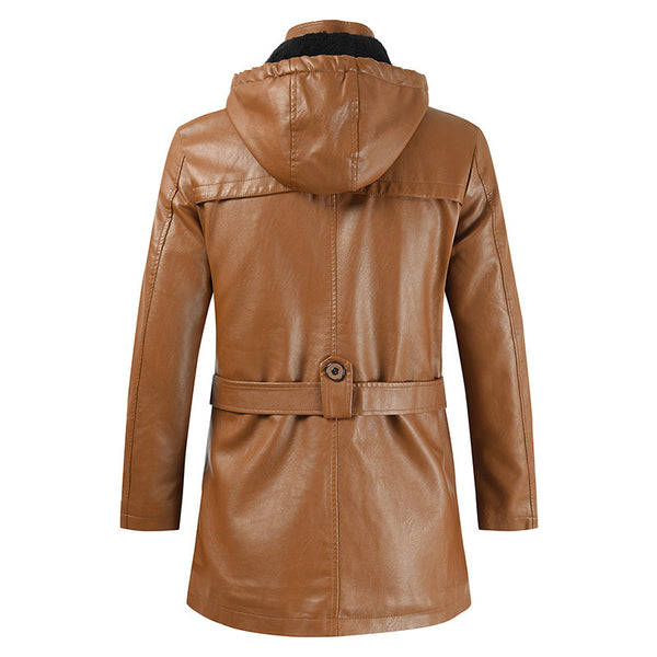 Leather hooded slim coat jacket