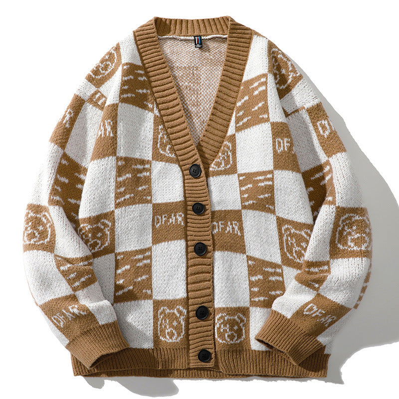 Knitted Cardigan Plaid Sweater Men's