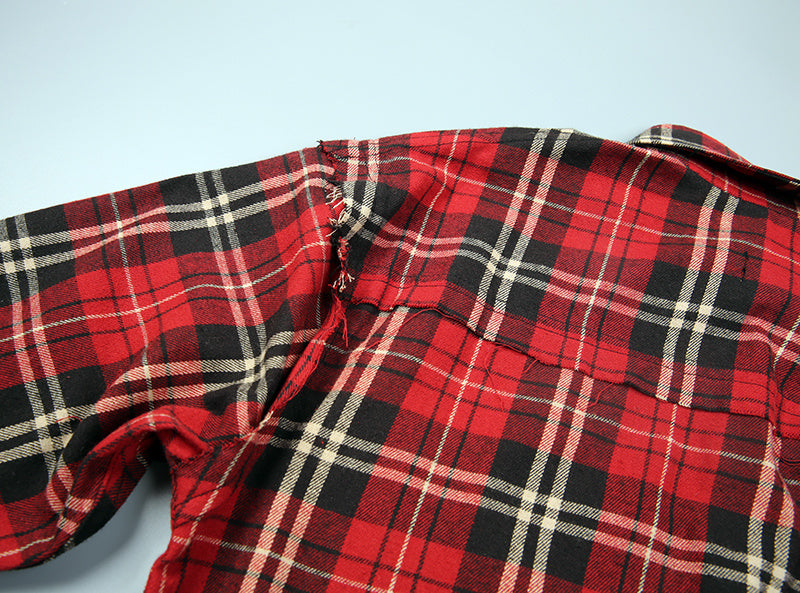 Scottish Red Plaid Long Tattered Rock Bottoming Cotton Shirt