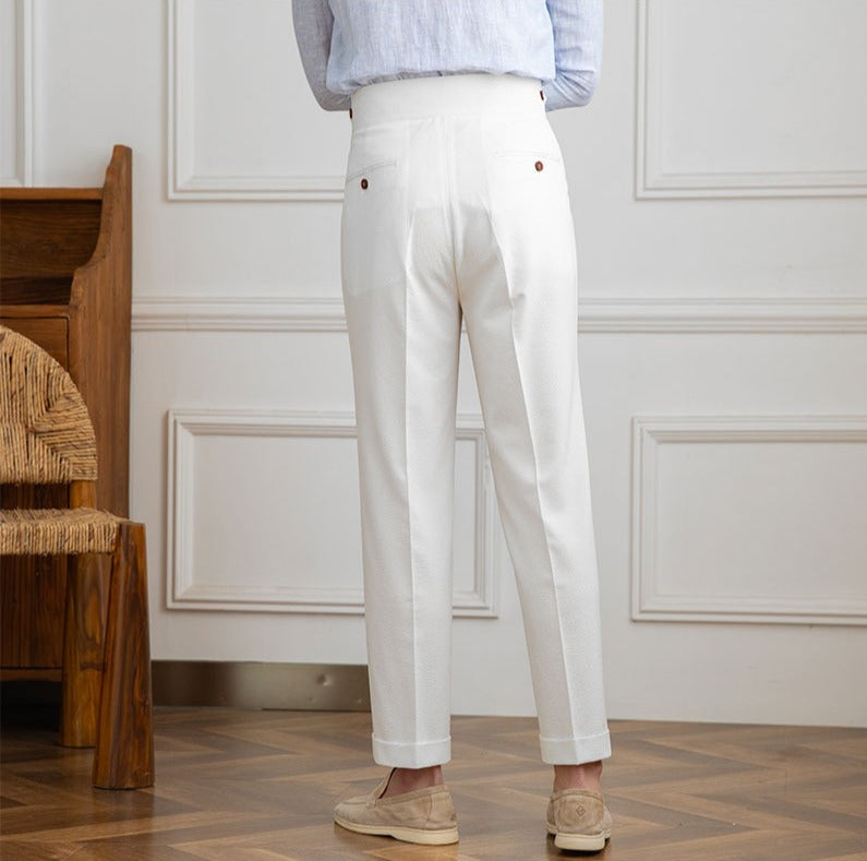 Moneglia Seersucker Double Pleated Straight Fit Trousers