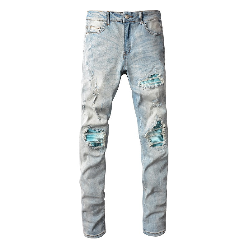 Blue Wash Water Worn Patch Torn Jeans for men