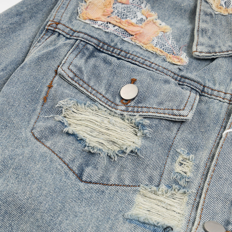 Lace Stitching Ripped Denim Coat